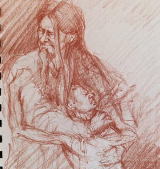 a drawing of a man holding a baby