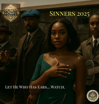 Four solemn Black characters stand in vintage 1920s-style clothing in front of a weathered building,