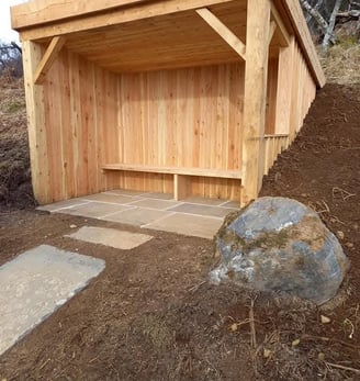 Caithness stone path and paved area and custom built larch wooden shelter