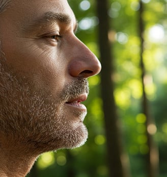 Close-up profile of a man breathing through his nose outdoors - Breathe Balance