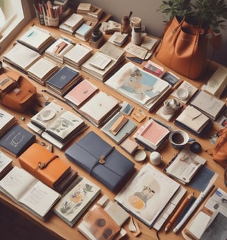 A variety of colorful stationery items and small toys are arranged on a light wooden surface, including a white llama with a colorful design, vibrant clothespins, paperclips, a red geometric shape, and a cactus. A pink sticky note with a black hashtag symbol is also present.