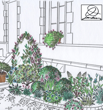 a drawing of a garden with potted plants