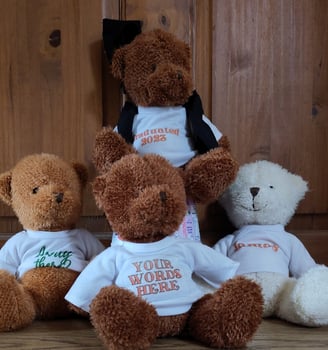 a group of teddy bears sitting on a wooden floor