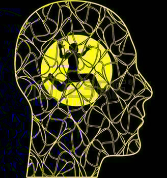 Tête humaine artificielle quadrillée jaune bonhomme qui court dedans symbolique de crise de panique