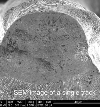 Microstructure of a single track deposited using Selective Laser Melting (SLM) showing Laves phases.