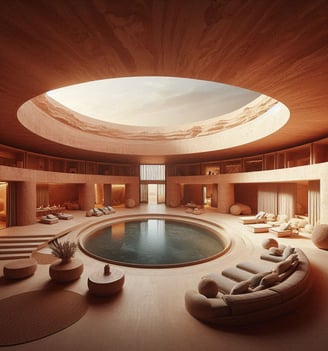 a large indoor swimming pool with a circular pool