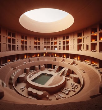 a circular shaped building with a pool and a skylight