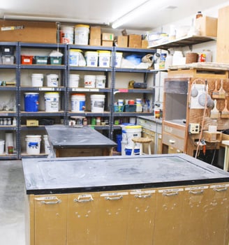 Image of our Moss Street studio glaze room which also houses many of our dry materials.