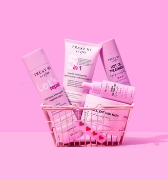 example of minimal product photography, cosmetics in the pink basket on pink background