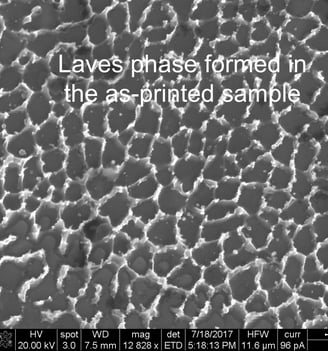 Microstructure of a single track deposited using Selective Laser Melting (SLM) showing Laves phases.