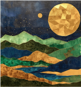 modern abstract painting representing mountains in the night with full moon in navy, emerald & gold