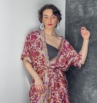 PATTERNED ORANGE SILK KIMONO COVER UP BEACH STYLE