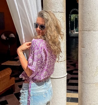 PURPLE VIOLET SILK KIMONO SHIRT ON THE BEACH RESORT STYLE