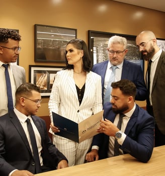 a group of people standing around a table