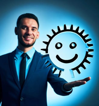 a man in a suit and tie holding a smiley face