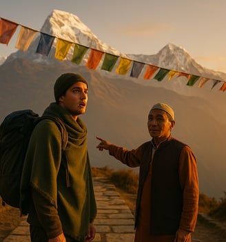 A beginner trekker stares at the Annapurna mountains for the first time, awe and nerves mixing under