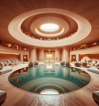 a large indoor swimming pool with a circular pool