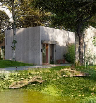 a small house with a pond and a pond