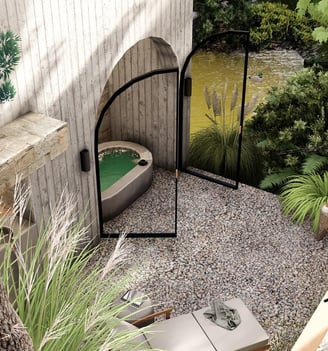 a bathtub with a large tub and a large mirror