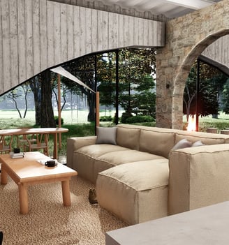 a living room with a couch and a table