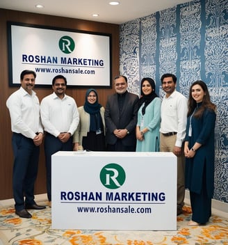 a group of people standing around a roshan marketing sign