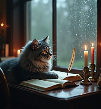 PetArt360 – kişiye özel evcil hayvan portresi, yağmurlu bir günde camdan dışarısını seyreden bir ked