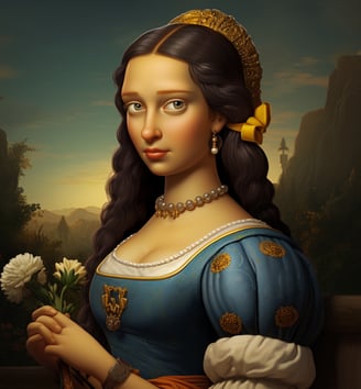 a woman in a blue dress holding a flower AI