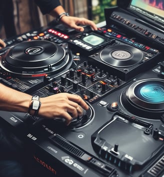 A DJ wearing a black cap and headphones stands behind a mixing console performing at an event. The DJ is dressed in a sleeveless sports jersey and leopard print shorts, with bright stage lights illuminating the scene. The background features a vibrant LED screen with abstract, geometric patterns in shades of blue and white.