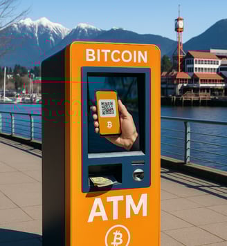 Bitcoin ATM in West Vancouver with mountain backdrop, user scanning QR code and getting cash.