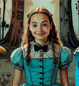 Portrait photo transformed into a comic painting of a girl like a Alice wonderful character