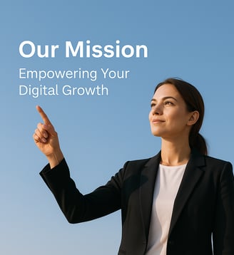 a woman in a suit pointing at a digital device