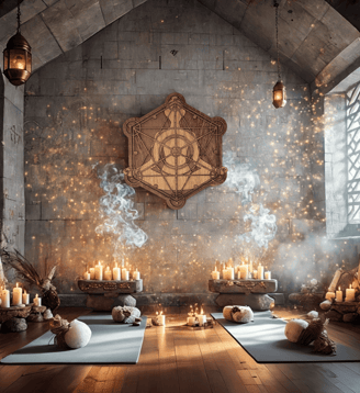 Cuadro de madera del Cubo de Metatrón colgado en una sala de meditación con velas, humo y luz cálida