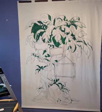 The darkest of the greens are laid in to define depth of the tapestry mural painting.