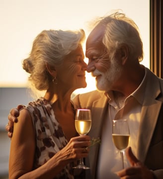 an old married couple sharing wine and a romantic moment on the balcony of their spa hotel