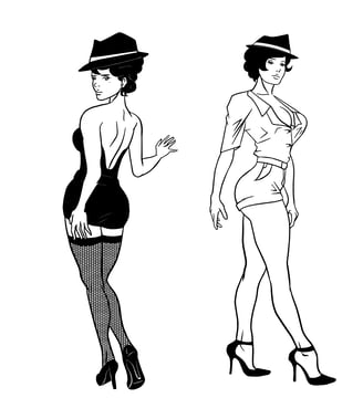 Line art drawing, female figures, elegant style, fashion illustration, black and white