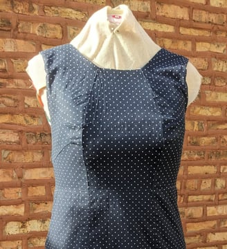 Navy and white polka dot sheath dress