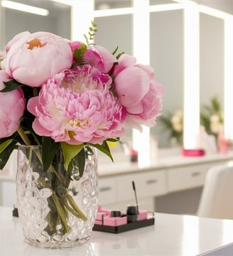 a vase with pink flowers in a vase on a table
