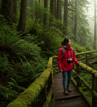 a woman in a red jacket and a camera