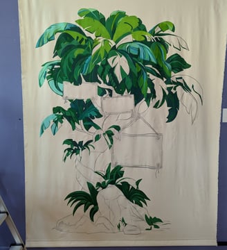 Jungle tree linen canvas tapestry mural building in colors of blues, greens, and yellows.