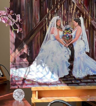 Beautiful two brides looking at each other in Live wedding painting by Nominsstudio.com