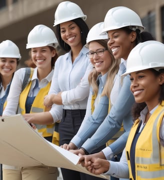 A busy construction site with several workers wearing safety helmets and reflective vests. They are surrounded by scaffolding, wooden planks, and stacks of bricks. Metal rods are protruding from various structures, and a blue container is visible in the background.