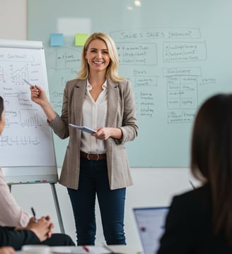 sales leader standing in front of team and pointing to a flip chart