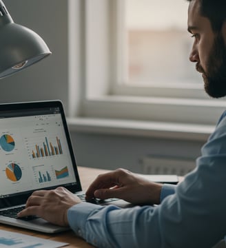 man seated at desk looking at a dashboard on laptop screen