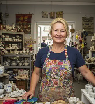 shopkeeper standing at a display of tea cups in a tea shop