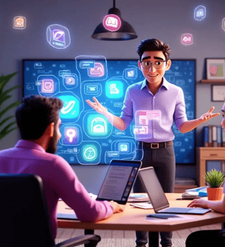 Imagen 3D de Brandketing: equipo creativo, branding, marketing y métricas en un entorno tecnológico