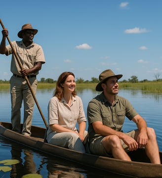 A poler with a mokoro ferring passengers in Okavango Delta