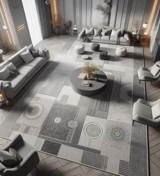 a living room with a large rug and a couch