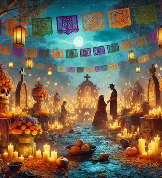 Pessoas celebrando o Dia dos Mortos com trajes tradicionais de caveira.
