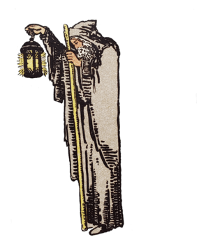Tarot Hermit a male weaing a brown cloak holding a lantern and a walking stick.