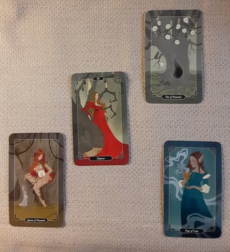 4 tarot cards in a spread 10 pentacles, Empress, Queen Pentacles Page Cups